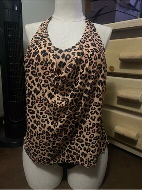 Leopard Print Halter Cowl Neck Tankini - Size Medium